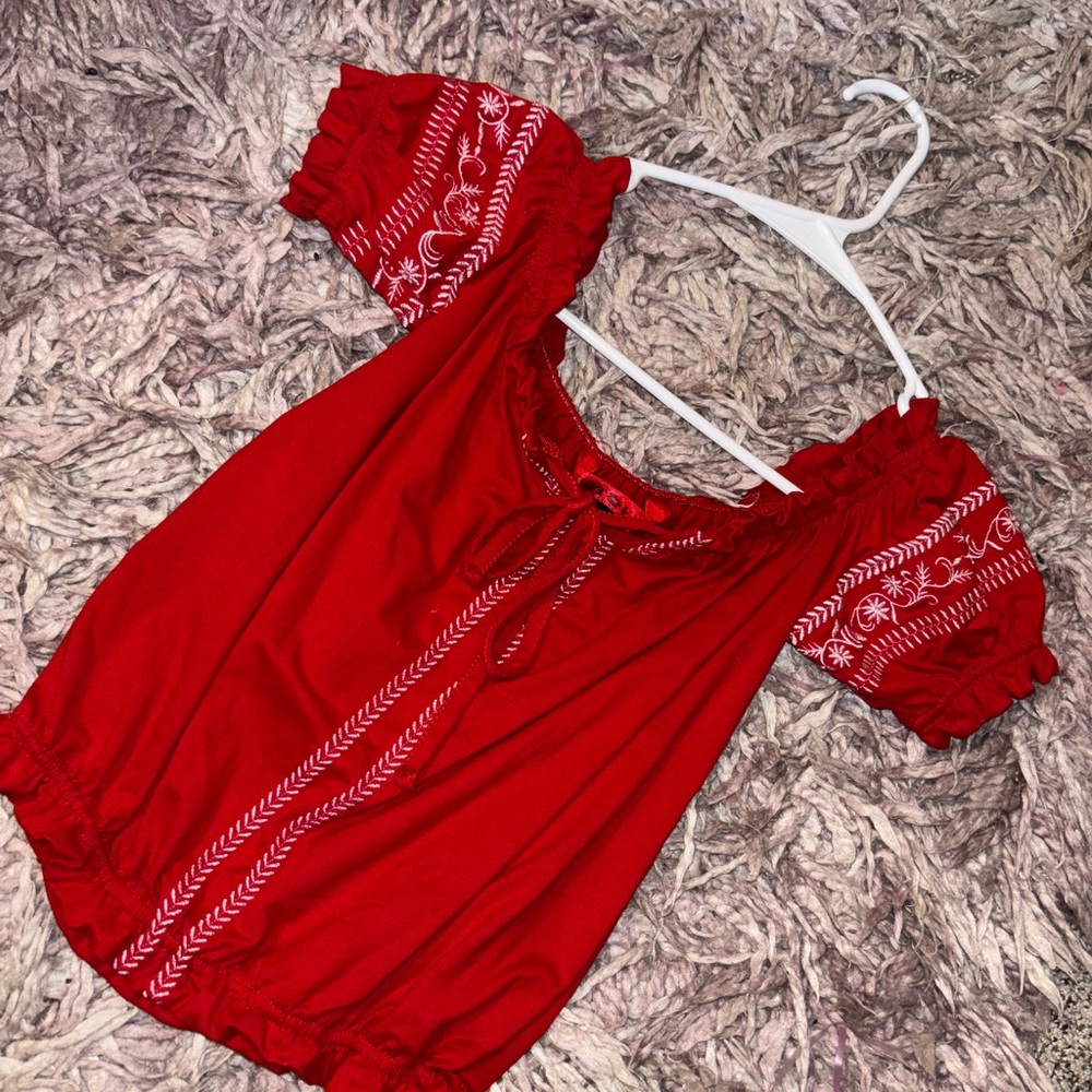 Red Embroidered Women's Top